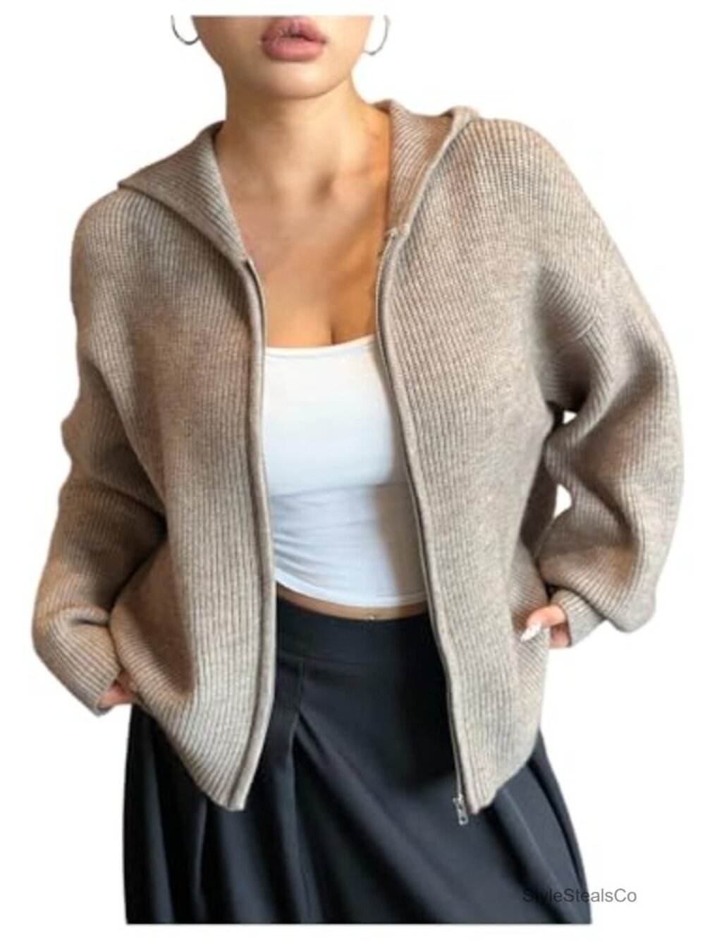 Plus Size Zip Up Hooded Cardigan Sweater Long Sleeve Knit Acrylic Fall
